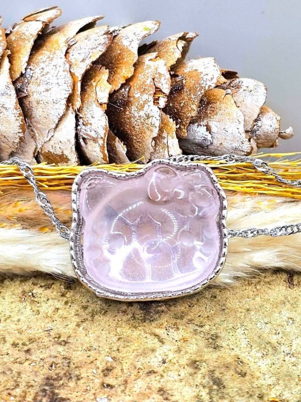 Natural Rose Quartz Carved Hello Kitty Charm Pendant Necklace